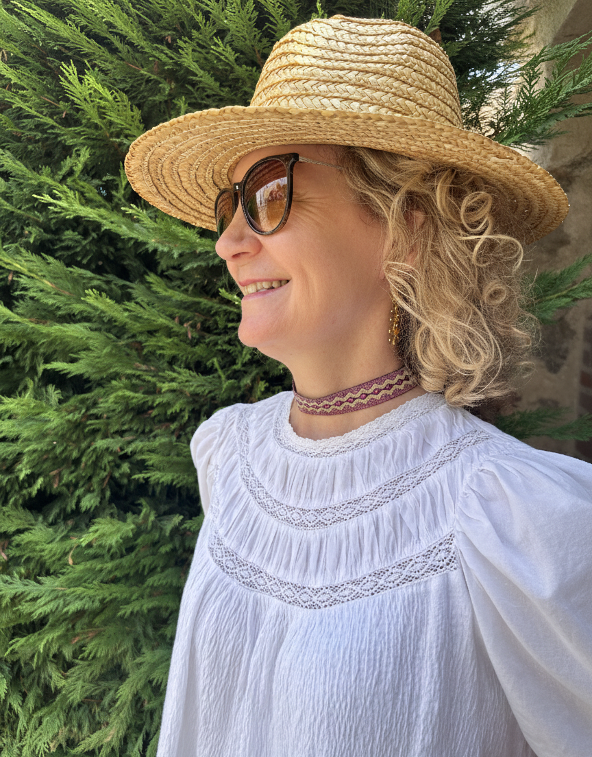 Modelo con choker de tela morado y dorado con dibujo étnico y cierre de acero inoxidable ajustable.