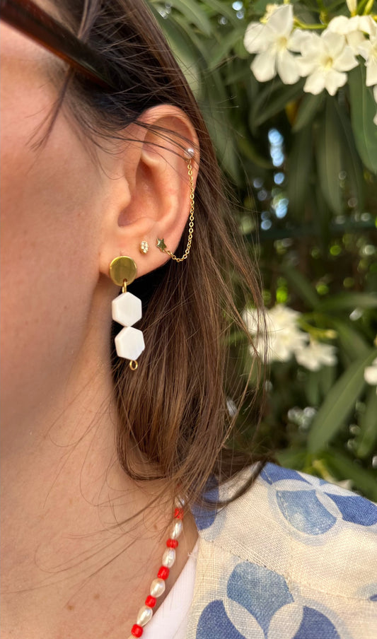 Pendientes hechos a mano de acero inoxidable con 2 hexágonos en nácar.