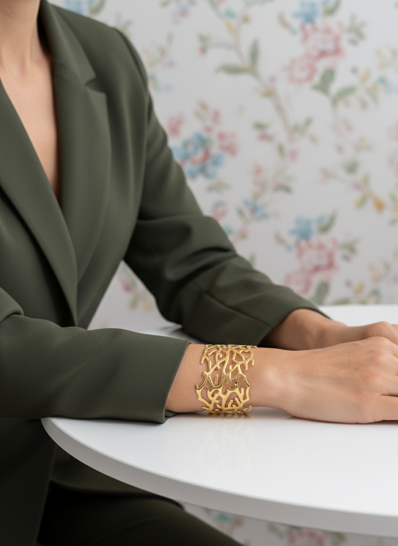 Brazalete de acero inoxidable ajustable. En color dorado.