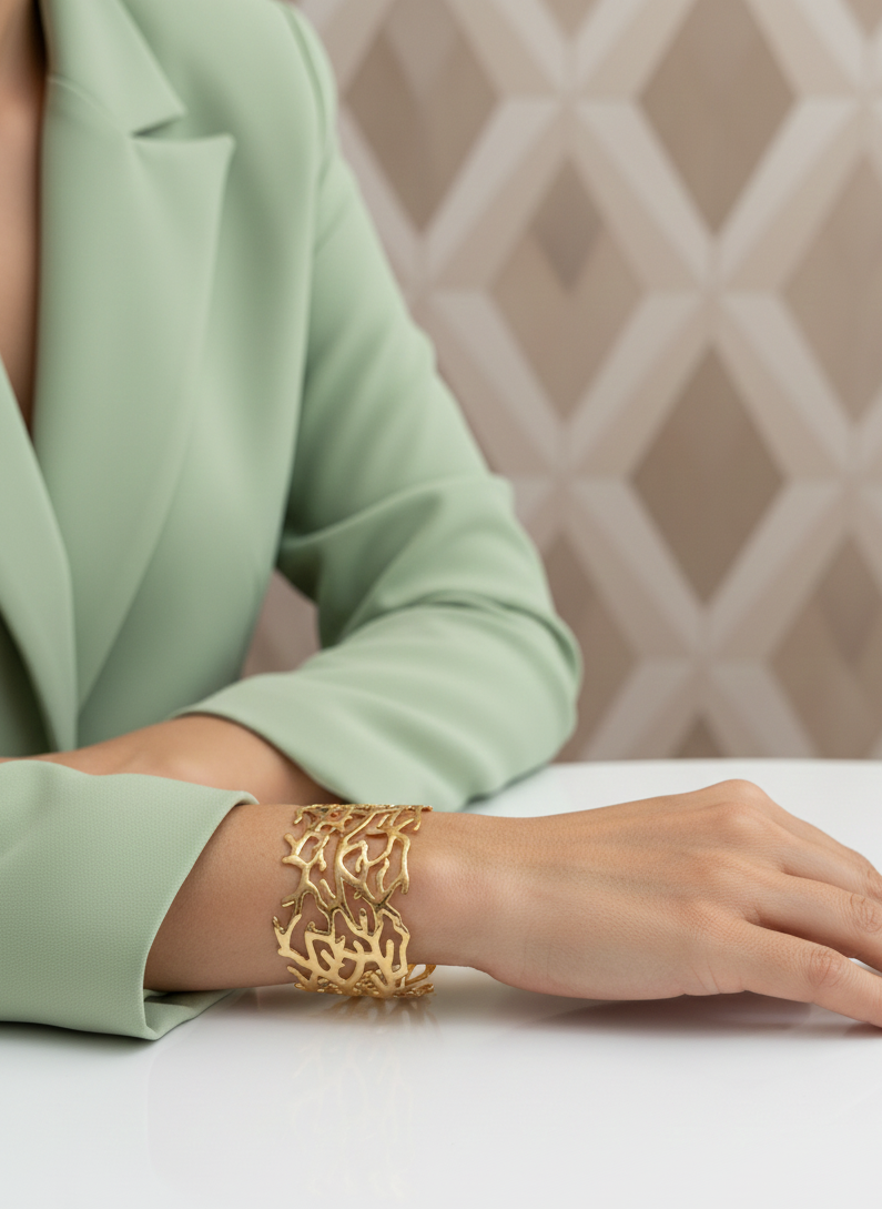 Brazalete de acero inoxidable ajustable. En color dorado.