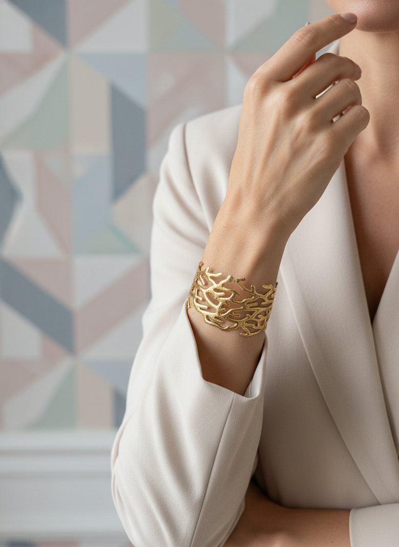 Brazalete de acero inoxidable ajustable. En color dorado.