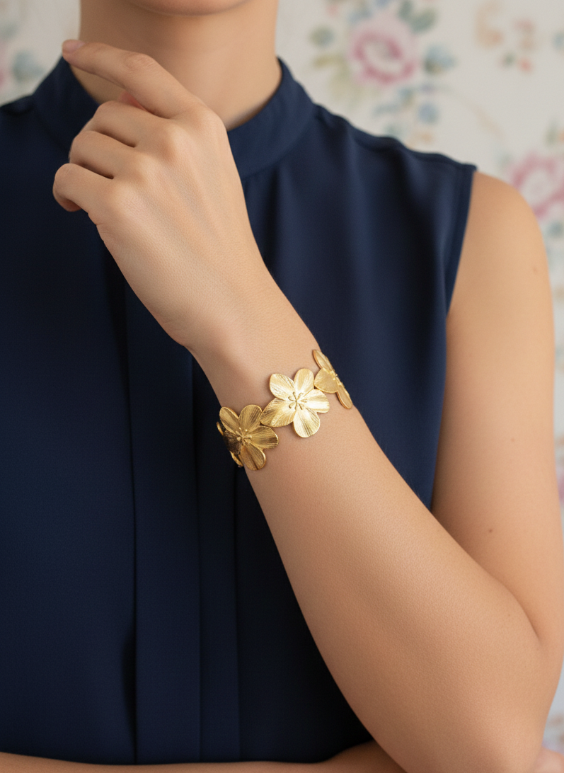 Brazalete de acero inoxidable ajustable. En color dorado. Diseño muy original con flores.