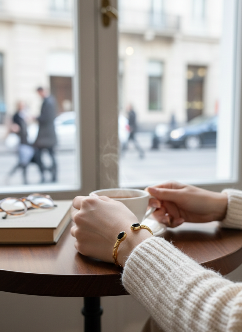 Brazalete de acero inoxidable con dos piedras negras, ajustable. En color dorado.