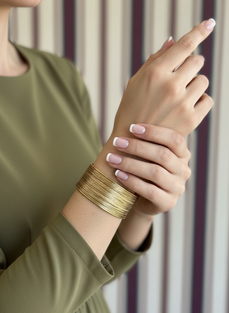 Brazalete de acero inoxidable ajustable. En color dorado.