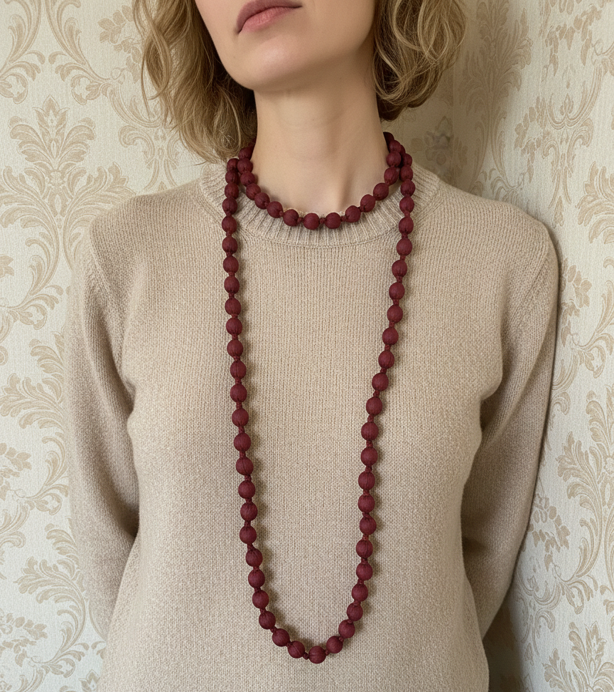 Collar largo con cuentas de madera forrado con seda de color burdeos, muy especial, con posibilidad de dar varias vueltas. ¡No pesa nada!