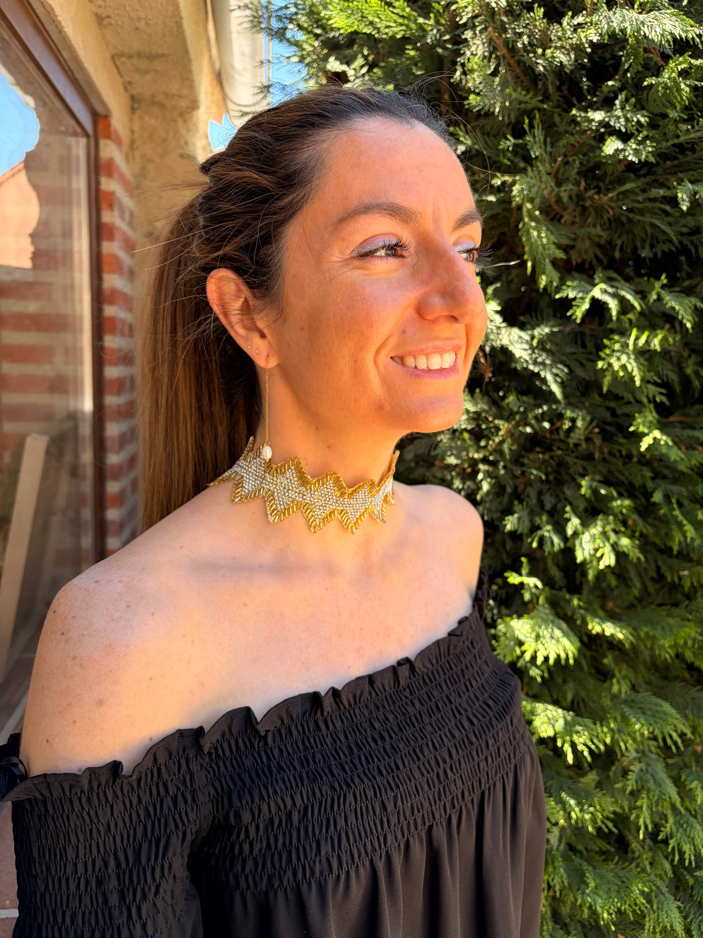 Choker en color dorado con circonitas blancas y  cierre de acero inoxidable ajustable.
