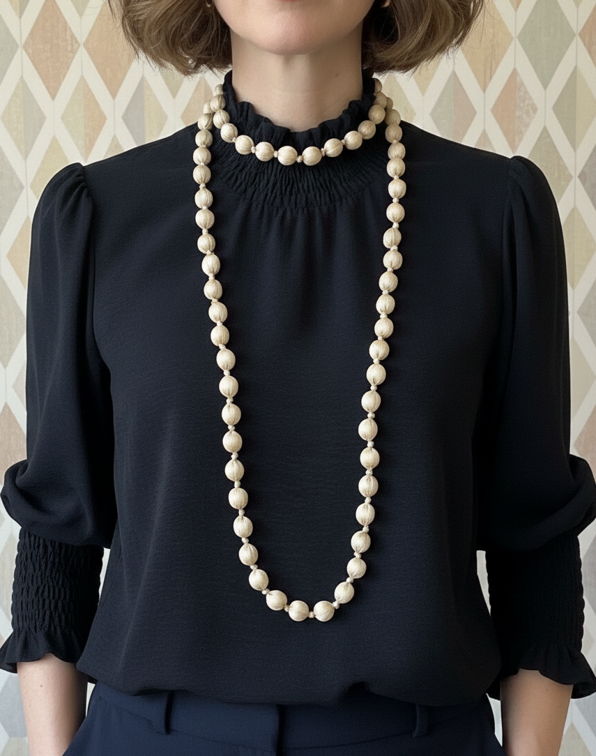 Collar largo con cuentas de madera forrado con seda de color beige, muy especial, con posibilidad de dar varias vueltas. ¡No pesa nada!