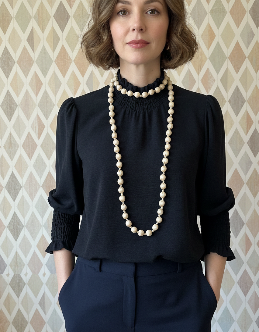 Collar largo con cuentas de madera forrado con seda de color beige, muy especial, con posibilidad de dar varias vueltas. ¡No pesa nada!