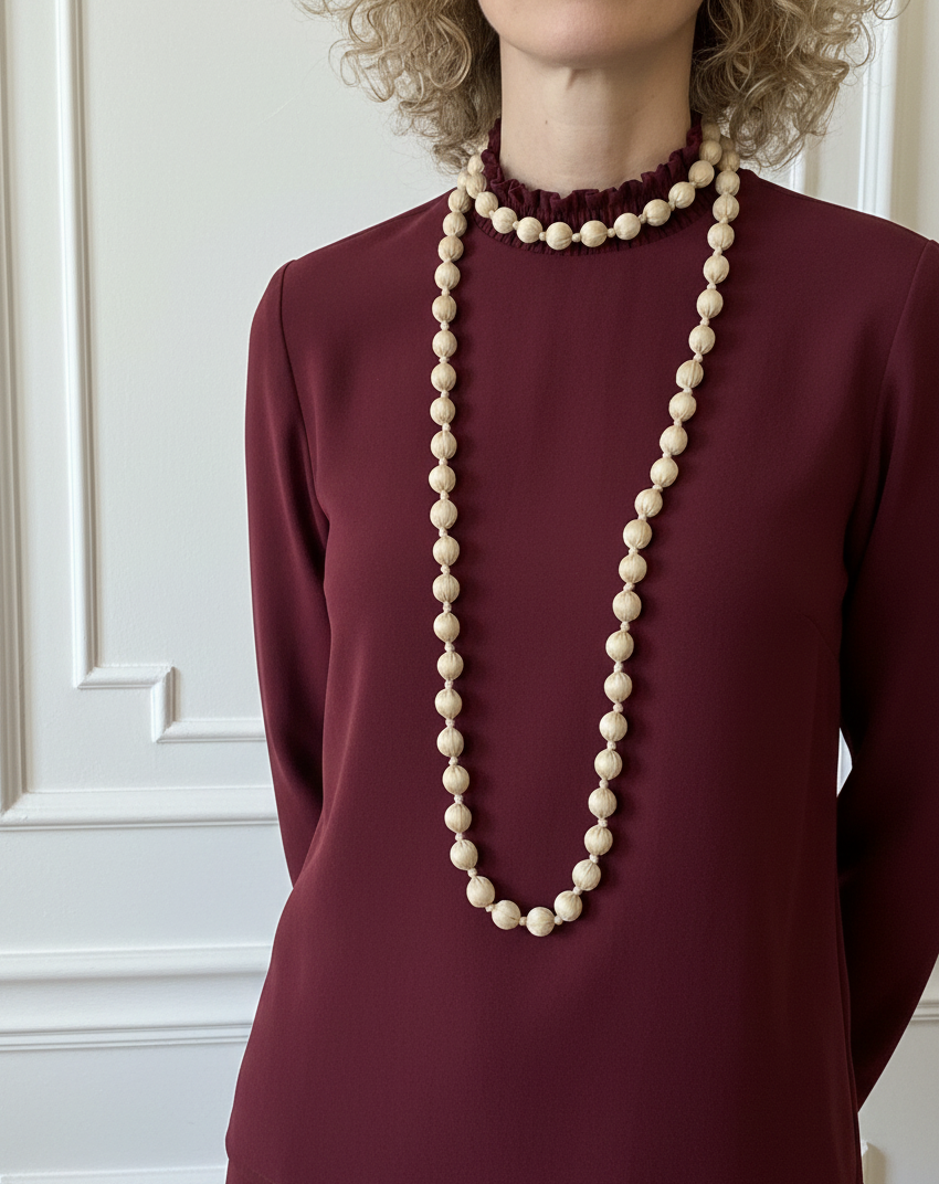 Collar largo con cuentas de madera forrado con seda de color beige, muy especial, con posibilidad de dar varias vueltas. ¡No pesa nada!