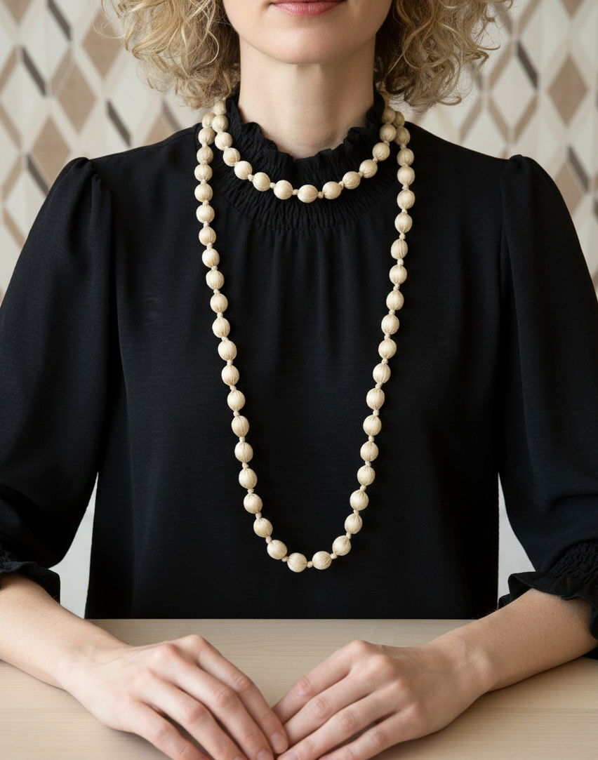 Collar largo con cuentas de madera forrado con seda de color beige, muy especial, con posibilidad de dar varias vueltas. ¡No pesa nada!